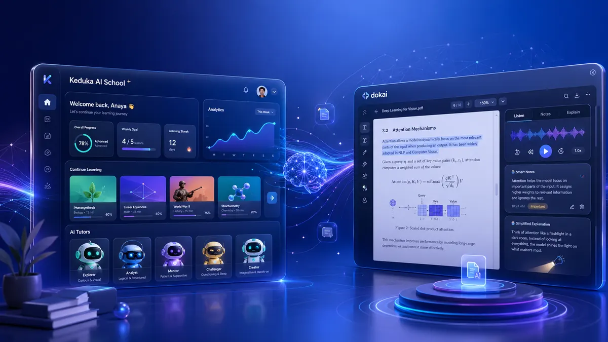 The KeduKa AI School dashboard showing learning statistics, continue-learning cards, and AI tutor avatars.